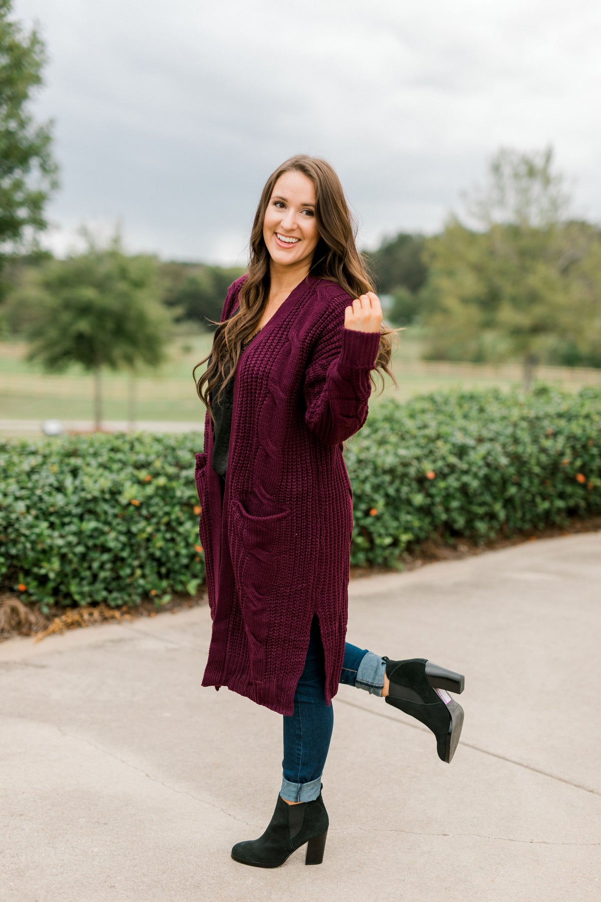 Cable Knit Cardigan - Plum