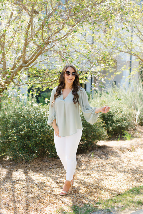 Oh So Chic Balloon Sleeve Blouse - Sage