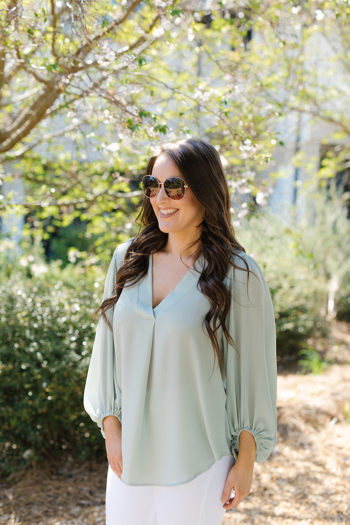 Oh So Chic Balloon Sleeve Blouse - Sage