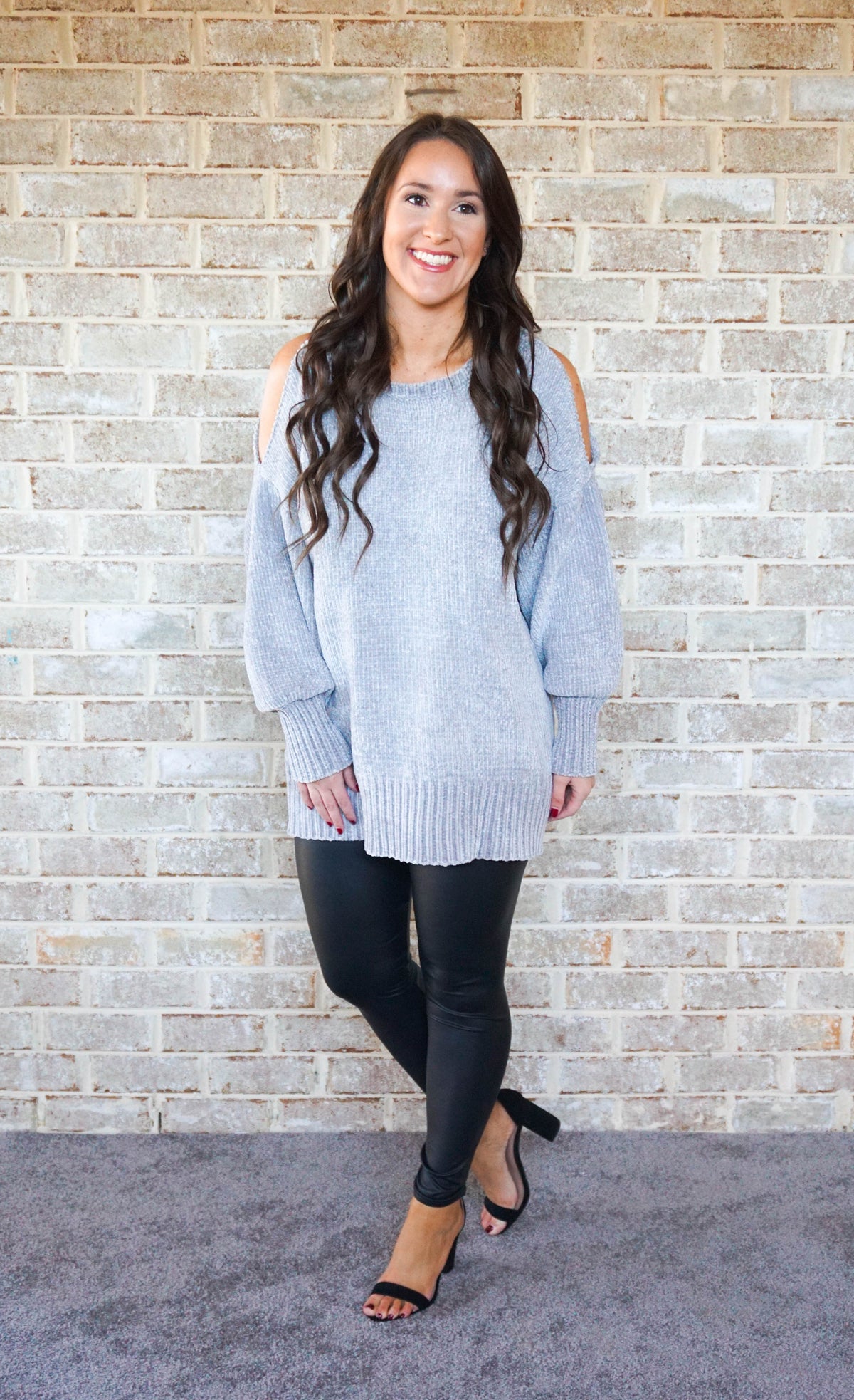 Chenille Cold Shoulder Sweater-Grey