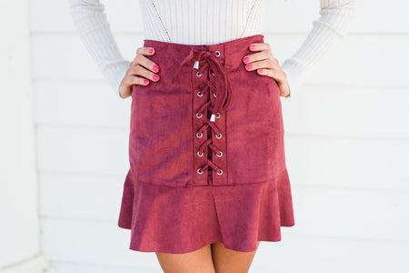 Leather Lace Up Skirt-Wine