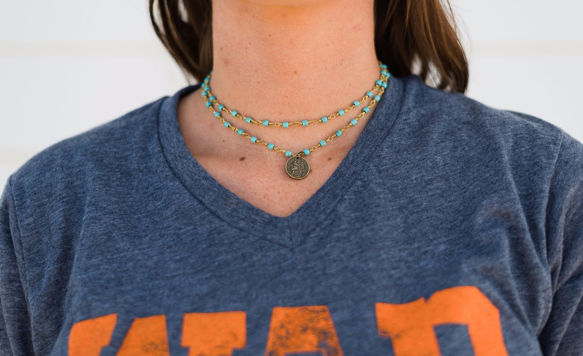 Double Wrap Coin Necklace-Turquoise